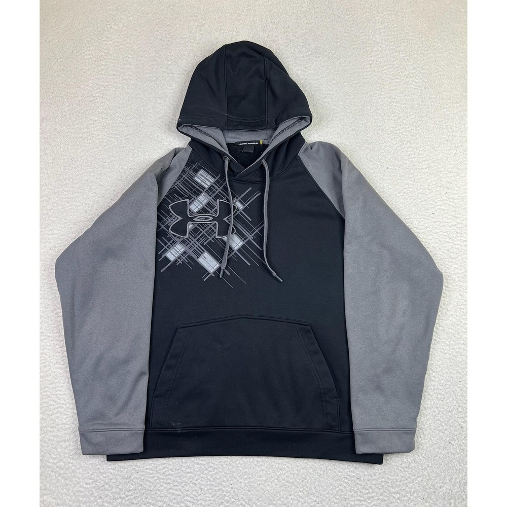 Under Armour Hoodie Sweatshirt Mens Medium Black Gray Fleece Pullover Logo